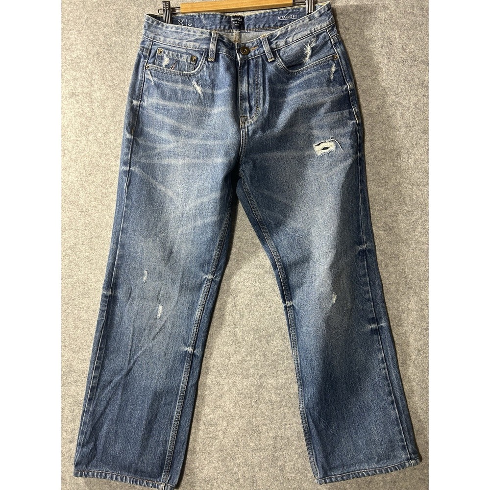 Nautica Jeans Co Men's 32x27 Straight Fit Distressed Blue Denim Jeans Y2K